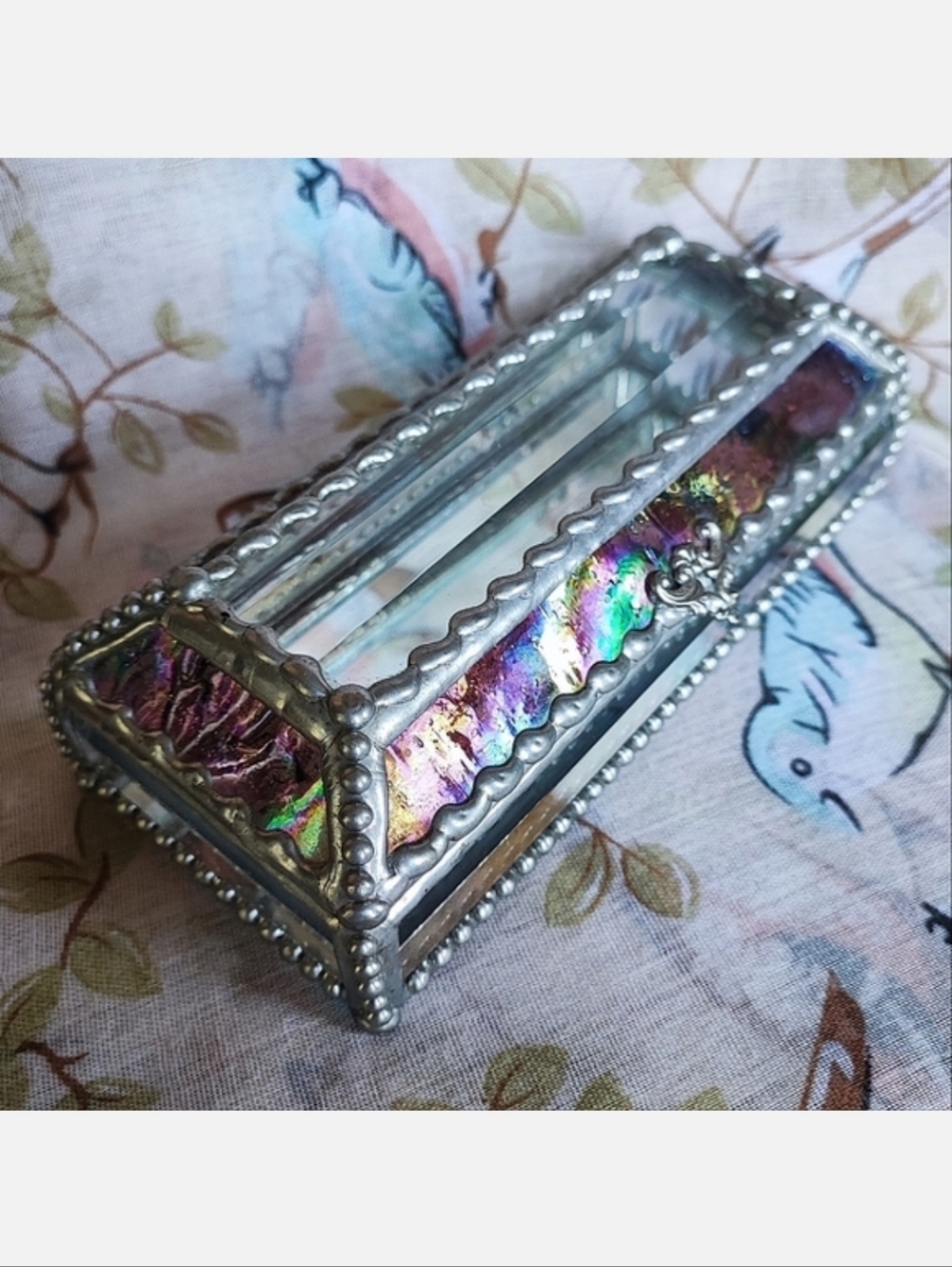 Stained Glass Plum Iridescent Beveled Jewelry Trinket Box Signed Mirror Bottom